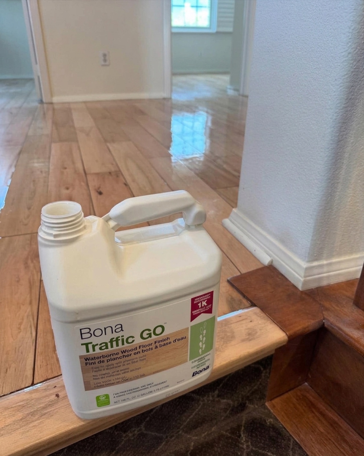 Bona Traffic GO waterborne finish on a freshly coated hardwood floor