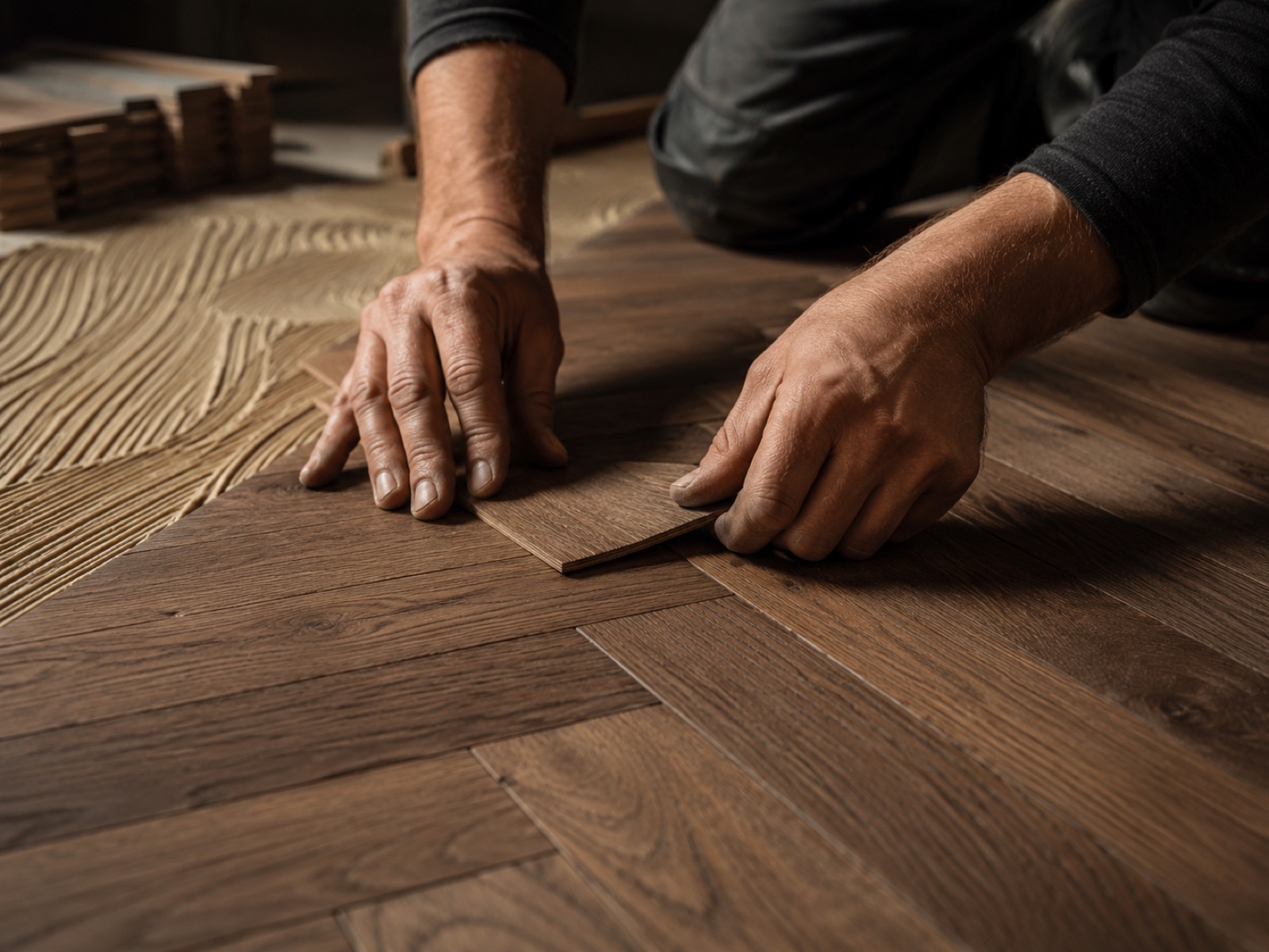 Craftsman laying dark oak herringbone planks by hand