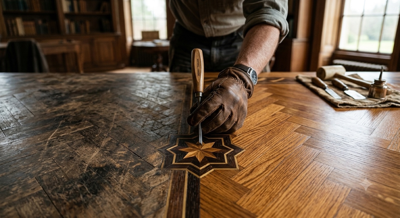 Craftsman restoring a historic herringbone parquet with star inlay, half still worn dark